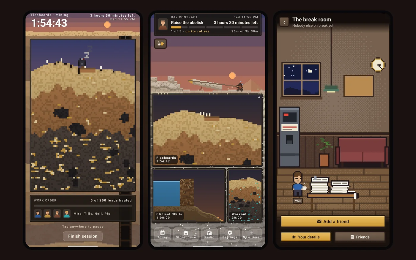 Three HOURGLASS screens: a mine at work, the day's contract, and the break room